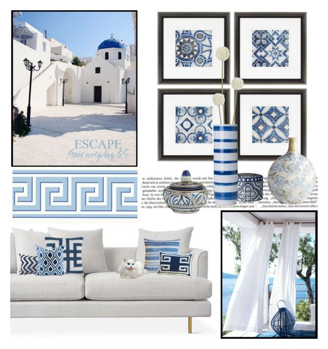 blue and white living room decor with pictures on the wall, vases and paintings