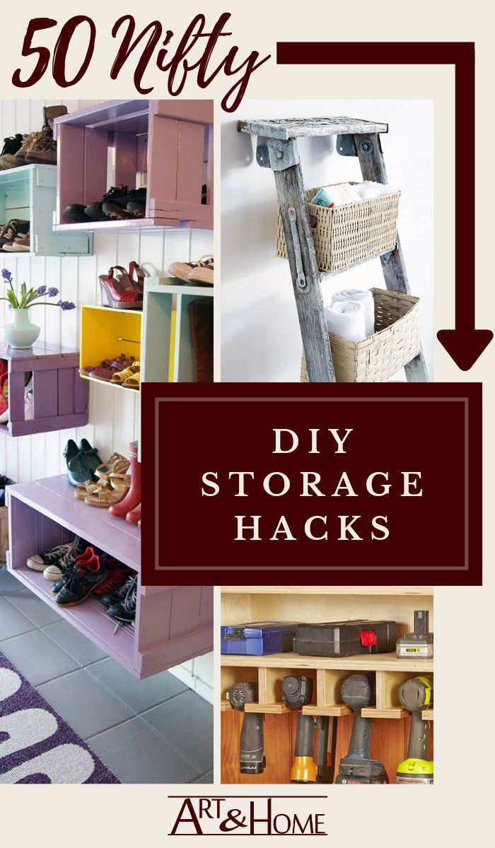 a collage of different storage hacks with text overlay that reads 50 neaty diy storage hacks