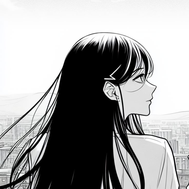 a woman with long hair standing in front of a cityscape and looking at the sky