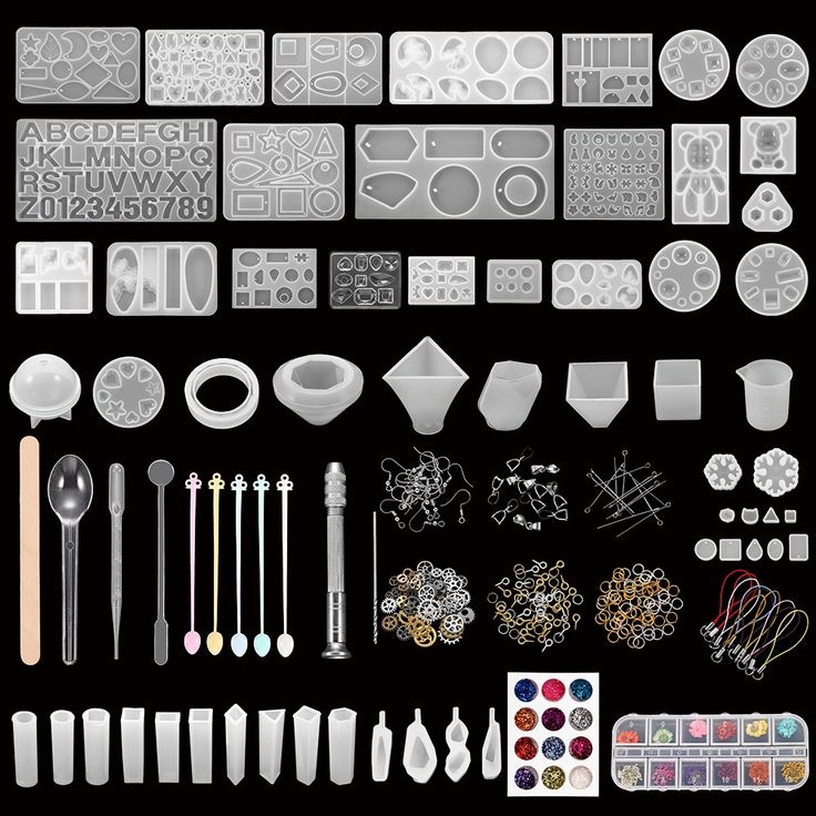 a variety of tools and materials are shown in this image, including plastic molds