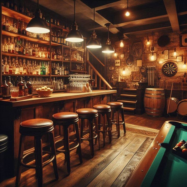 a pool table and some stools in front of a bar with lots of bottles on it