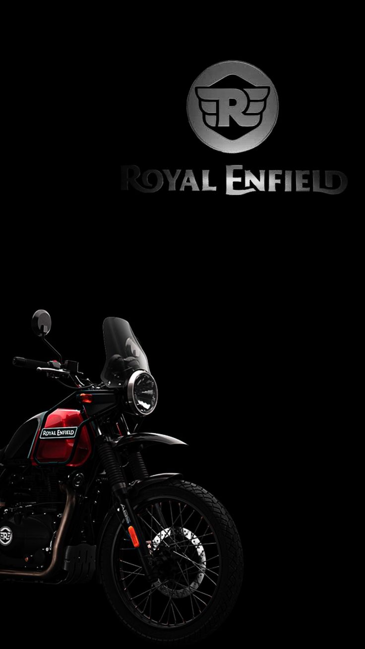 a red and black motorcycle parked in front of a royal enfield logo on a dark background