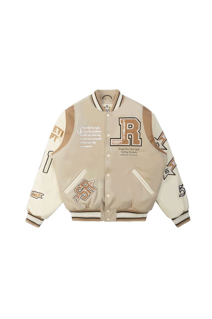 Beige Varsity Jacket, Senior Jackets, Varsity Jacket Outfit, Clay Material, Nike Tracksuit, Adidas Tracksuit, Letterman Jacket, Stylish Jackets, Nike Air Max 270