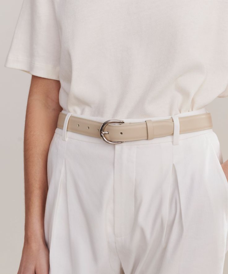 Classic Belt MoonIn buttery nappa leather, this timeless addition fits seamlessly in your everyday uniform. Nappa leather. Made in Italy. Brass hardware. | Jenni Kayne Women's Classic Belt Size Small Spring Leather Belts For Workwear, Leather Belts For Workwear, Spring Season, Modern Leather Belts For Spring, Classic Beige Leather Belt, Timeless Belts For Office, Classic Beige Belts For Formal Wear, Classic Beige Belts For Formal Occasions, Elegant Everyday Leather Belt, Beige Leather Belt