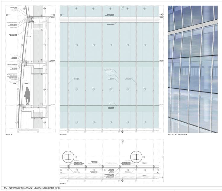 an architectural drawing shows the interior and exterior of a building with glass walls, windows, and