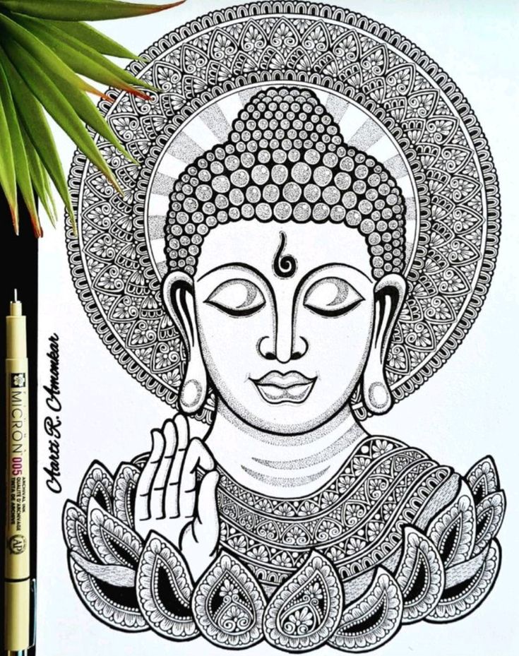 a drawing of buddha in black and white on a sheet of paper next to a plant