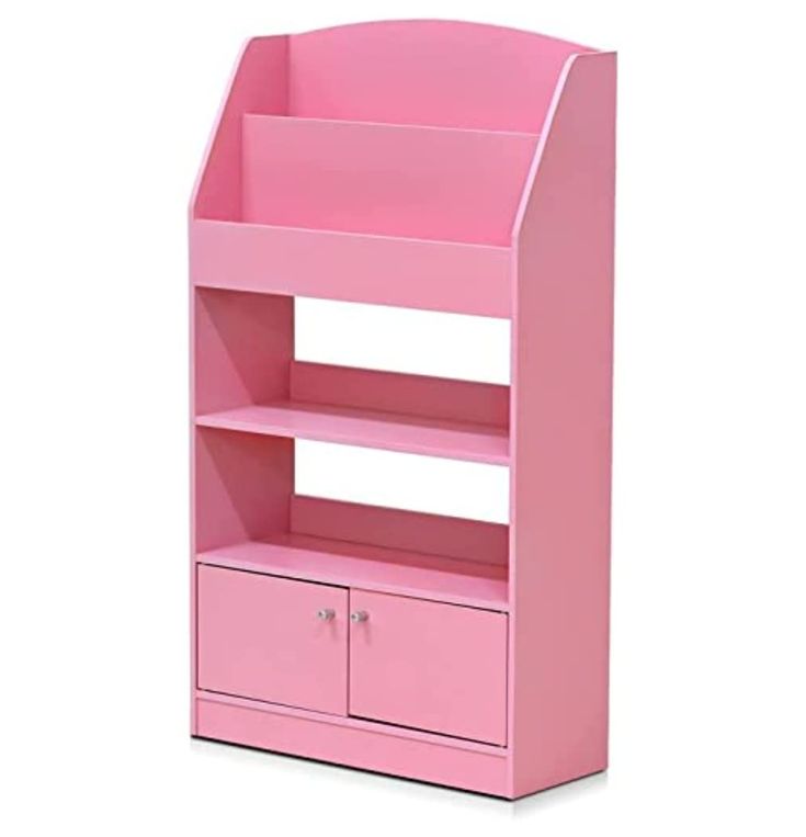 a pink book shelf with two drawers