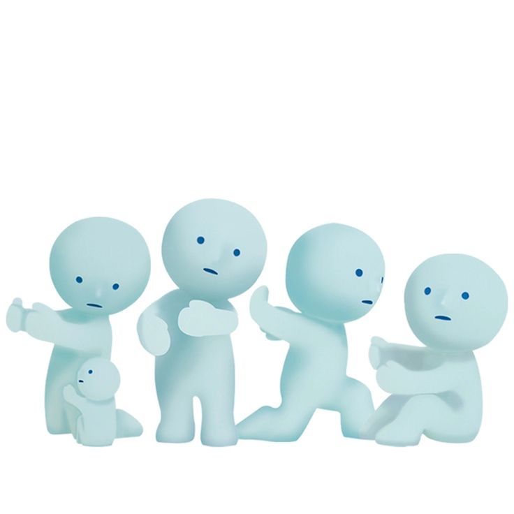 three small plastic figures sitting next to each other on top of a white surface with the words hug, holding, carrying, protecting