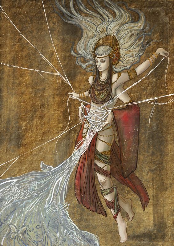 a painting of a woman with long hair and flowing white streamers in her hands