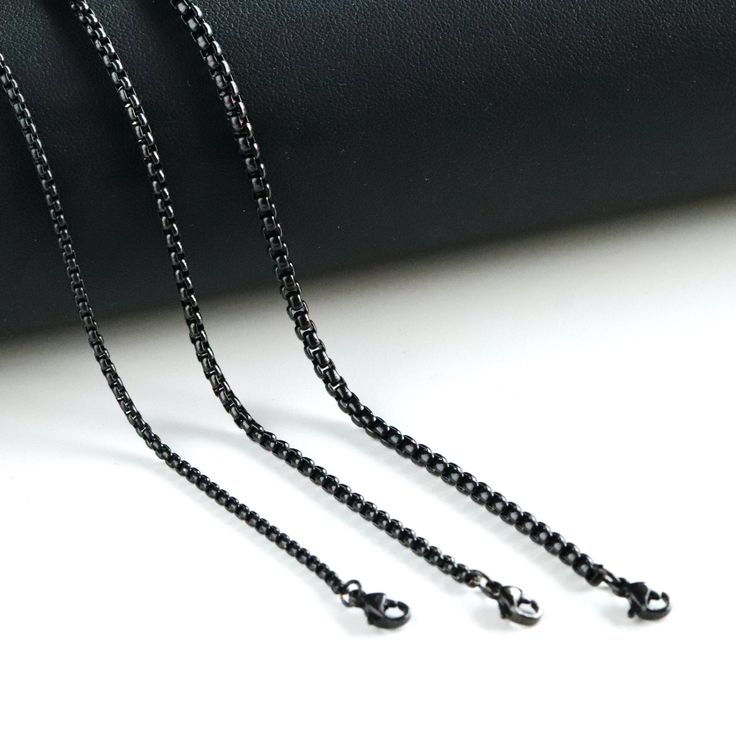 "Material: PVD coating stainless steel, durable and strong Chain style: box Length : 16\" 18\" 20\"22' 24\" 26\" 28\" 30\" Thickness:2.0mm/2.5mm/3mm Made to order. No returns or exchanges for this item But please contact me if you have any problems with your order." Minimalist Black Cable Chain Necklace, Black Rectangular Chain Necklace With Adjustable Chain, Black Rectangular Chain Necklace, Black Stainless Steel Chain Necklace With Lobster Clasp, Gunmetal Box Chain Link Necklace, Black Cuban Link Chain Necklace Gift, Black Link Jewelry With Box Chain, Black Metal Necklace With Cable Chain, Black Metal Curb Chain Necklace