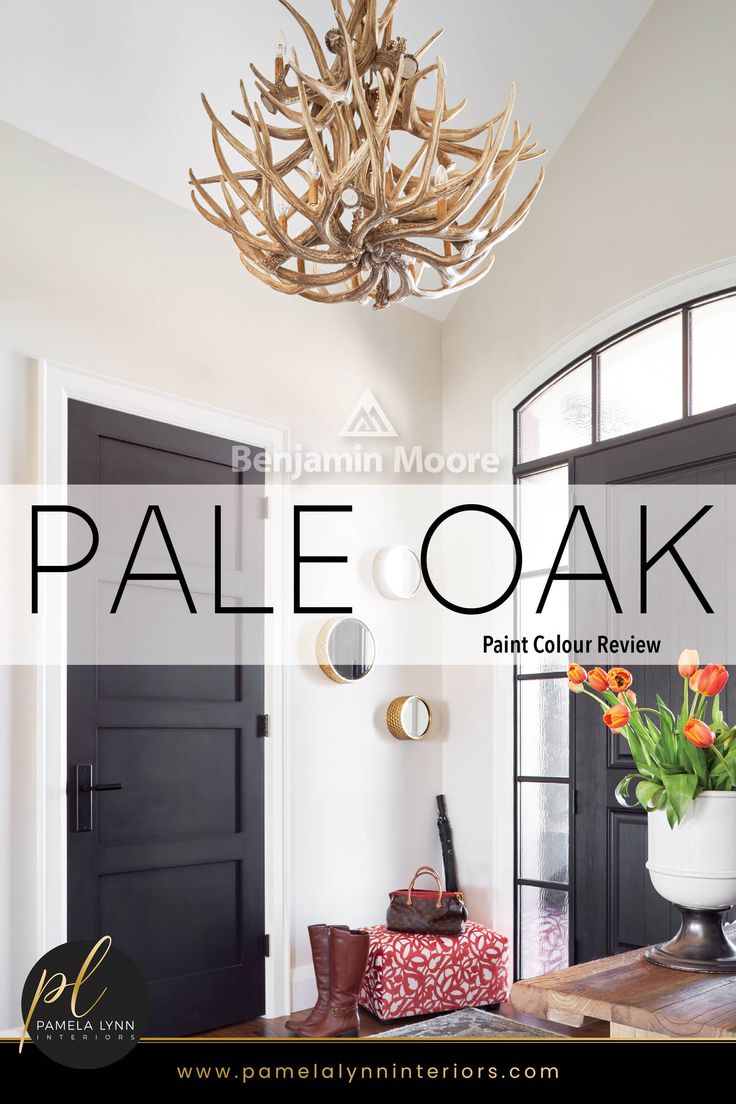 the pale oak paint color is shown in this living room with antlers on the ceiling