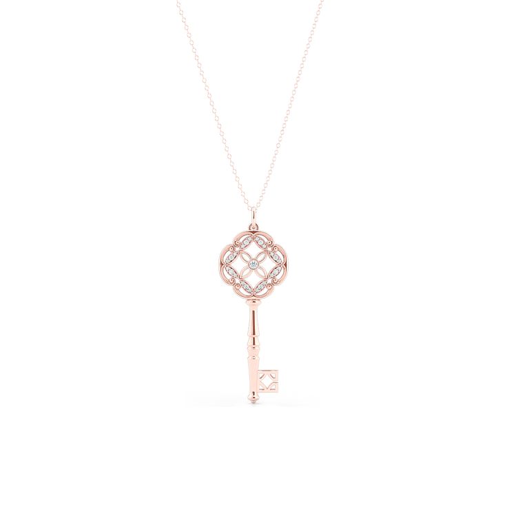 Mauresque Key Necklace When Moroccan style and French Colonial Design interlaced, a Mauresque architecture was born. Our Key pendant is a tribute to the intricate Mauresque, with its carved friezes and beautiful tile work. DETAILS Hand-Fabricated Item | Made to Order • Key: 14K Sustainable, Solid Rose Gold • Chain: 14K Sustainable, Solid Rose Gold • Diamond Melee: 0.18 total carat weight F,G / VS | ROUND BRILLIANT • Fully customizable item Luxury 14k Rose Gold Formal Jewelry, Luxury 14k Rose Gold Jewelry For Formal Occasions, Luxury 14k Pink Gold Jewelry, Elegant Rose Gold Jewelry With Intricate Design, Luxury Pink Gold 14k Jewelry, Refined Rose Gold Necklace For Formal Occasion, Luxury Yellow Gold Jewelry With Timeless Design, Exquisite 14k Rose Gold Jewelry, Luxury White Gold Jewelry With Intricate Design