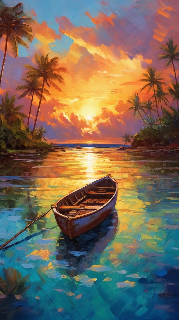 a painting of a boat on the water at sunset with palm trees in the background