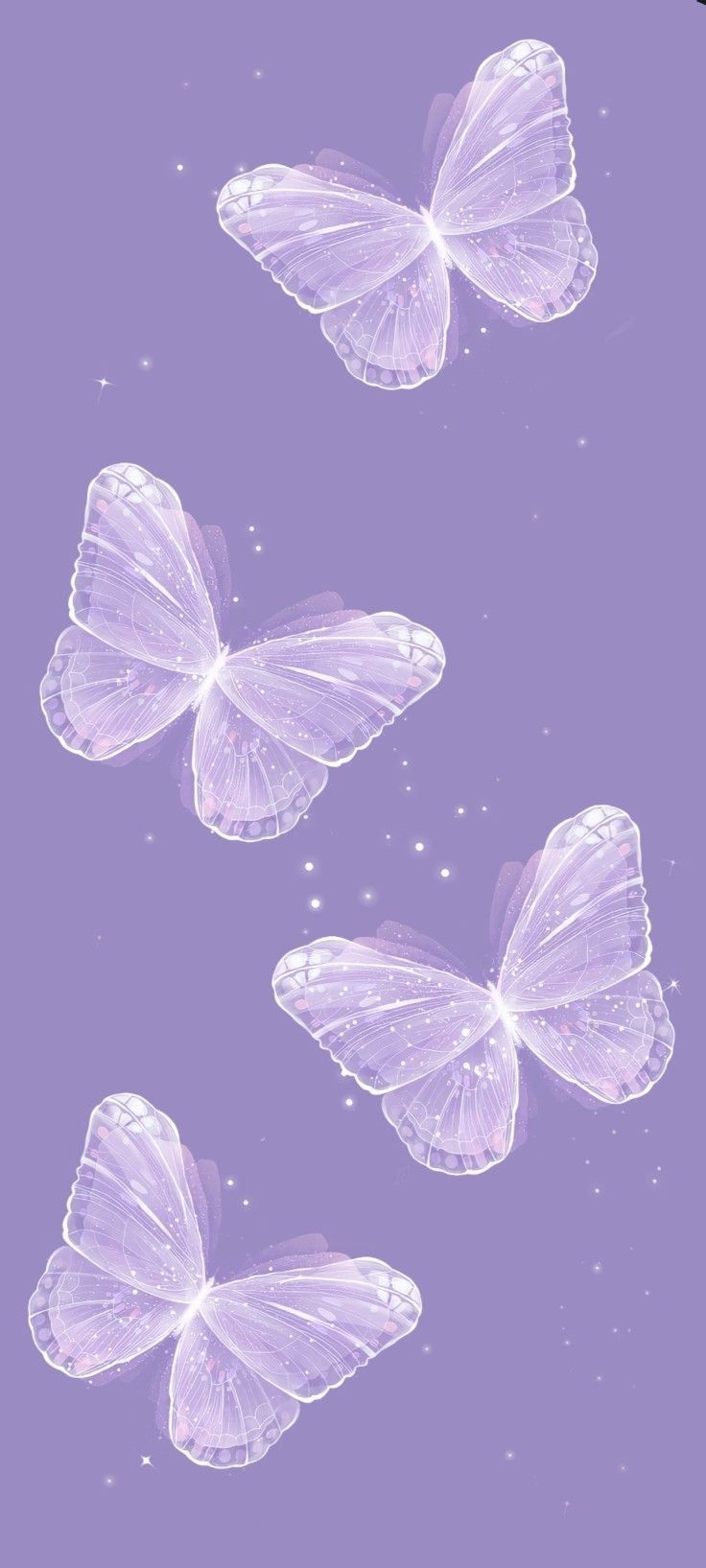 three white butterflies flying in the air on a purple background with stars and sparkles