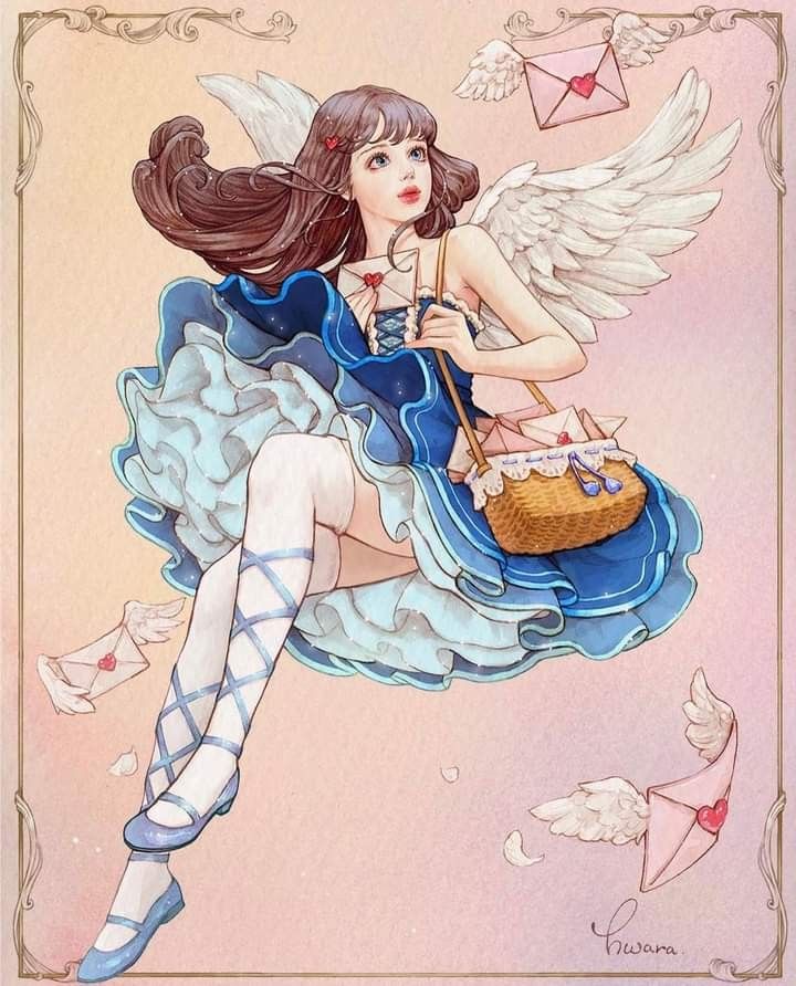 a drawing of a girl with angel wings holding a basket in one hand and an envelope in the other