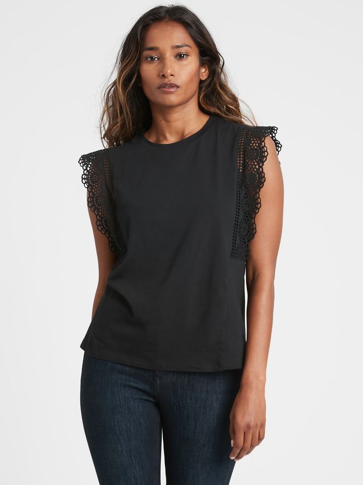 Eyelet Ruffle T-Shirt | Banana Republic Ruffle T Shirt, High Rise Style, Lovely Tops, Banana Republic Women, Neck Lace, Back In Stock, Crew Neck Top, New Black, Men Dress