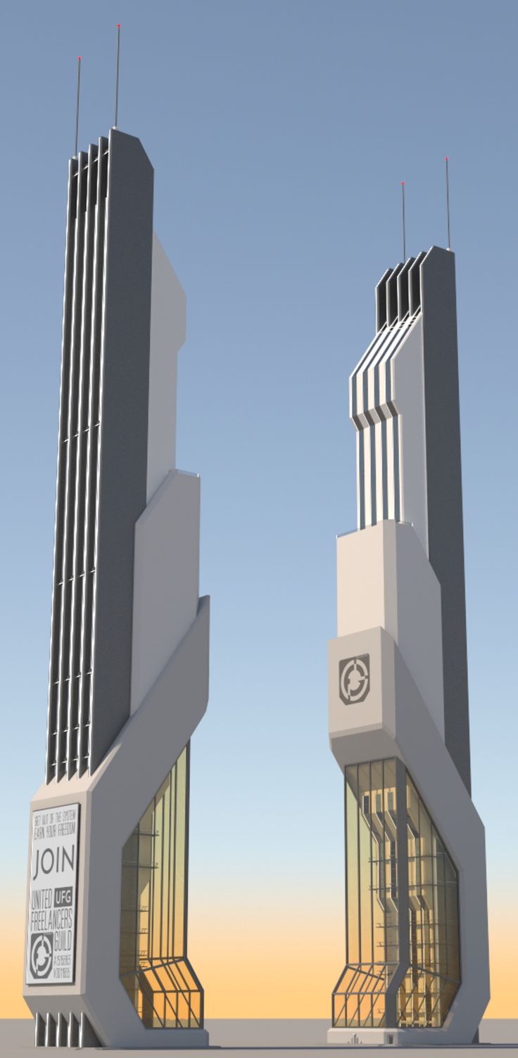 two very tall buildings sitting next to each other on top of a cement ground with a sky background