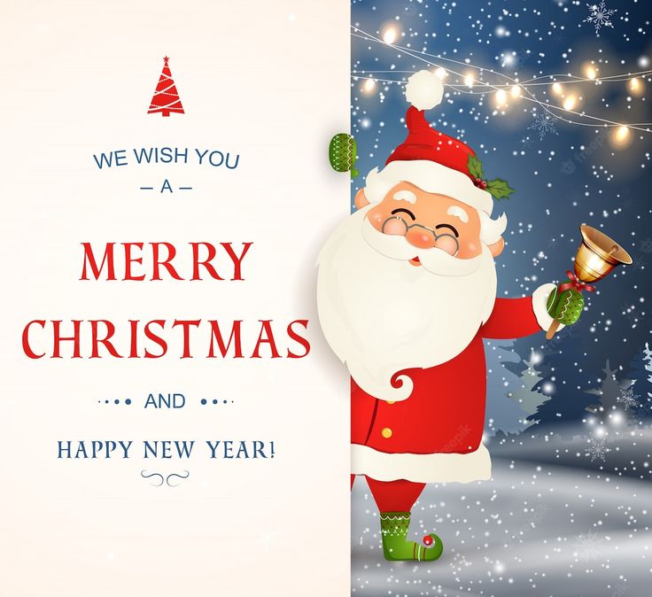 a merry christmas and happy new year card with santa holding a bell in his hand