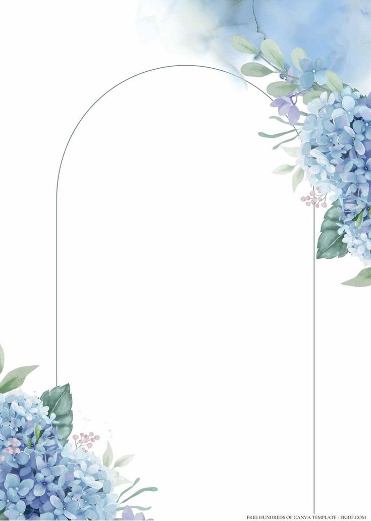 blue flowers and greenery are on the corner of this white background with an arch