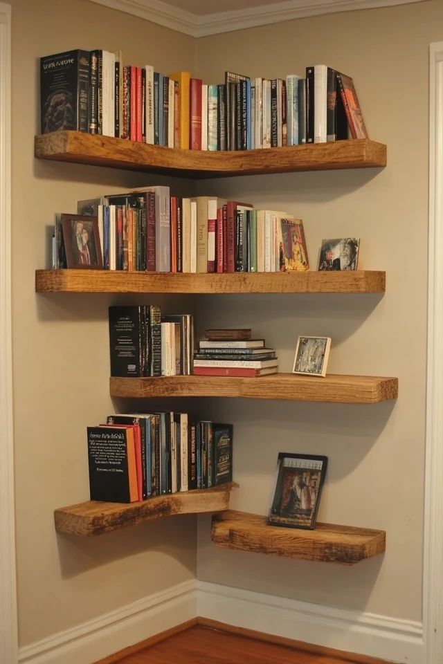 three wooden shelves filled with books in a corner