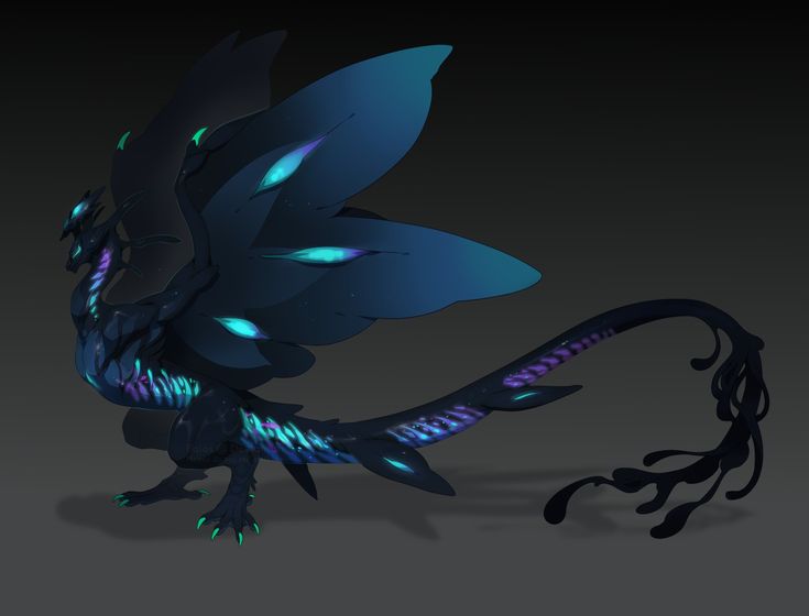 a blue and black dragon with glowing wings on it's back legs, standing in front of a dark background