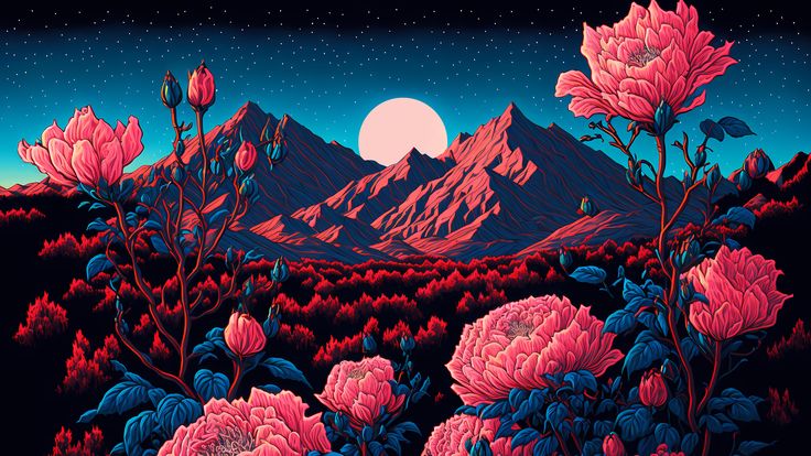 a painting of pink flowers in front of mountains at night with the moon rising over them