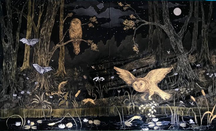 an owl is flying over the water in front of some trees and butterflies at night