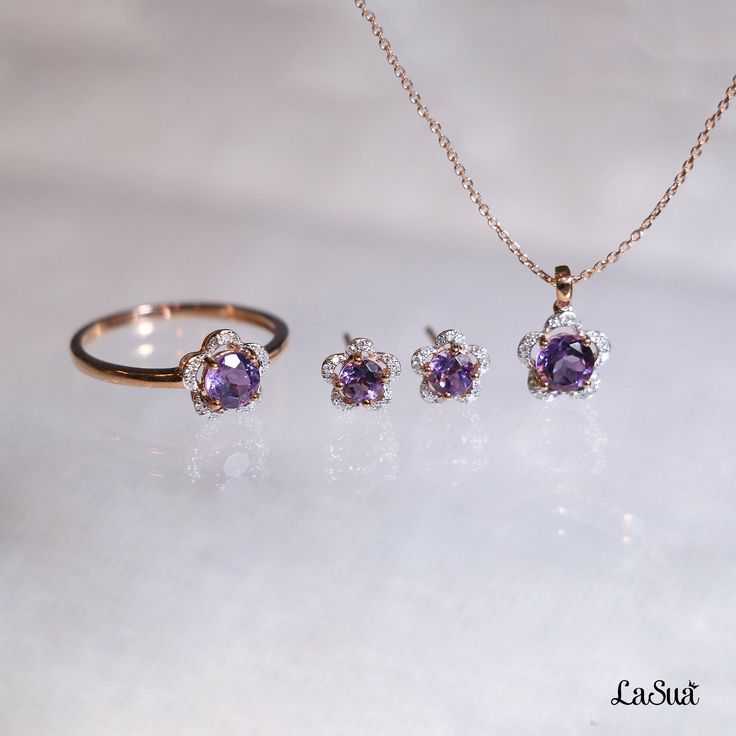 "5mm Natural Amethyst Flower Promise Ring Bridesmaid Ring, Perfect Purple stone ring for her, she will like it. ---------------------------------------- | INSTOCK ITEMS | Shipping in 1-3 days [ 9K Gold Ring ] * Metal: 9K Rose Gold * Main Stone: Amethyst, 5mm Round Shape, 1pcs * Side Stone: Diamonds, 15 pcs, 0.04 ct. * Flower Measurements: around 7.80*8.15 mm Size: US 6.5 in stock item: ships in 1-3 days, for 925S/ 14K production days: 20-30days [ Earrings ] * Metal: 9K * Custom Color: Rose Gold Fine Jewelry In Rose Gold With Amethyst, Rose Gold Amethyst Fine Jewelry, Elegant Lavender Flower Shaped Jewelry, Dainty Amethyst Jewelry In White Gold, Dainty Amethyst White Gold Jewelry, Dainty White Gold Amethyst Jewelry, Fine Jewelry Amethyst With Halo Setting, Fine Jewelry With Gemstone Accents In Lavender, Purple Sterling Silver Flower-shaped Jewelry