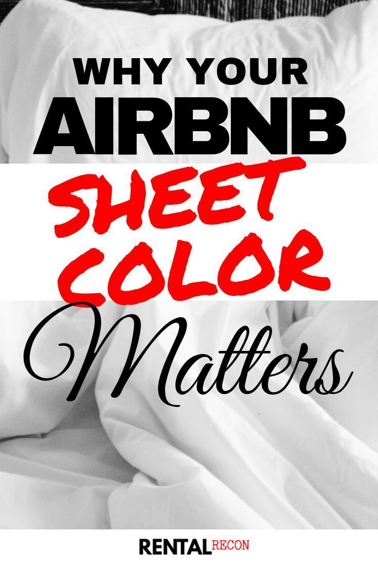 a bed with white sheets and red text that says why your air bnb sheet color matters