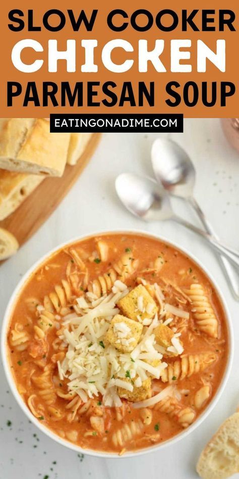 a bowl of slow cooker chicken parmesan soup with tortilla chips on the side