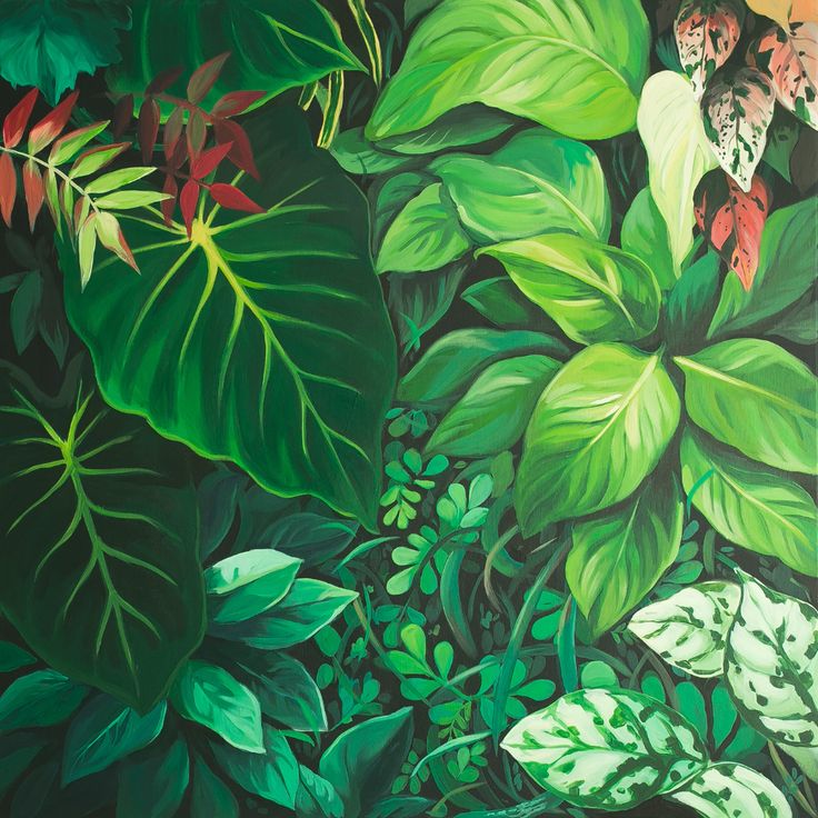 a painting of green leaves and flowers on a black background