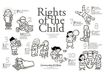 the rights of the child coloring page is shown in black and white, with illustrations of children