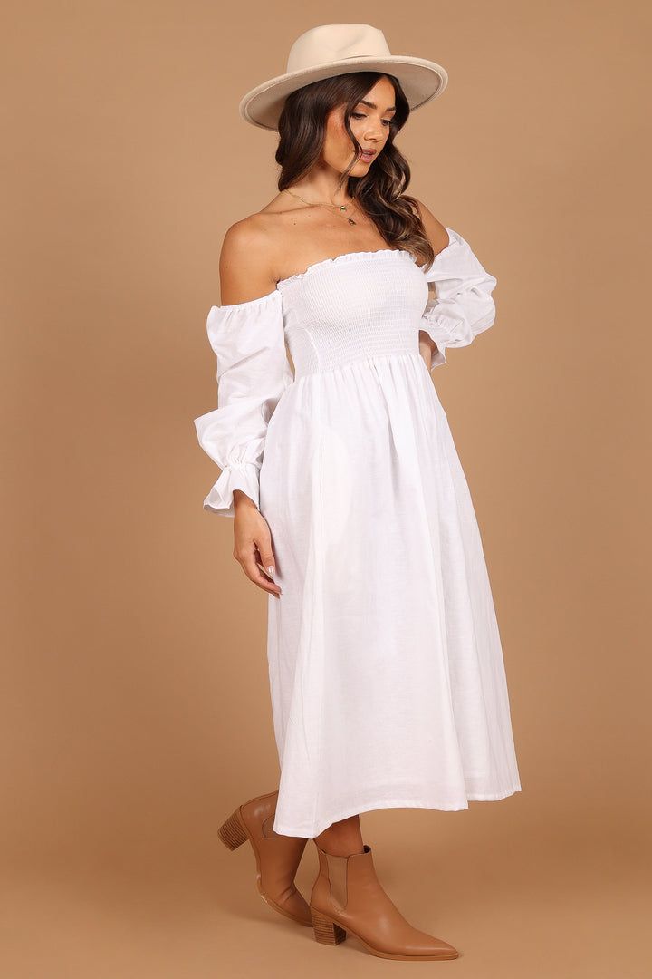 Domenica Shirred Long Sleeve Midi Dress - White - Petal & Pup USA Off-shoulder Midi Dress With Smocked Back For Brunch, Off-shoulder Smocked Bodice Dress For Brunch, Off-shoulder Midi Dress With Gathered Sleeves For Brunch, Spring Ruched Off Shoulder Midi Dress, Off-shoulder Dress With Smocked Bodice For Brunch, Billowy Smocked Midi Length Dress For Brunch, Billowy Smocked Midi Dress For Brunch, Knee-length Off-shoulder Ruffle Dress For Brunch, Knee-length Off Shoulder Dress With Ruffles For Brunch