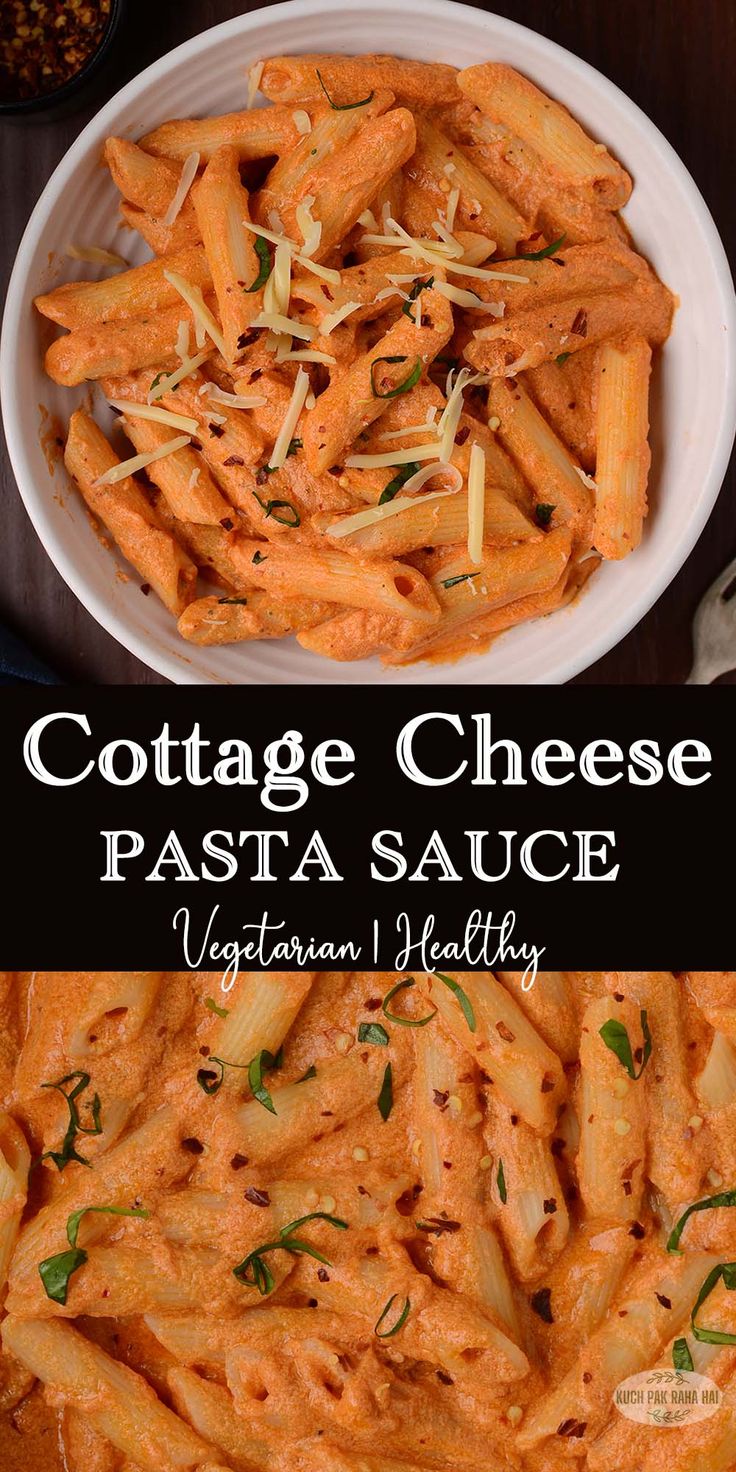 two pictures with different types of pasta in them and the words cottage cheese pasta sauce