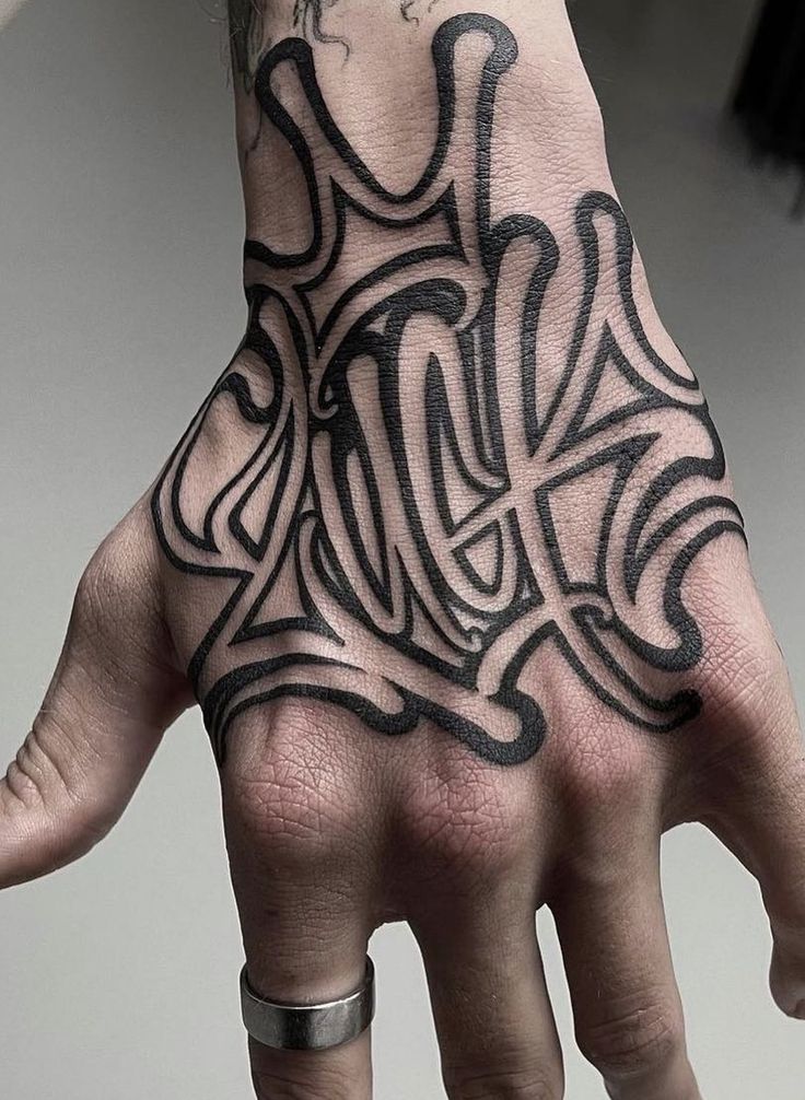 a man's hand with an intricate tattoo on the middle part of his arm