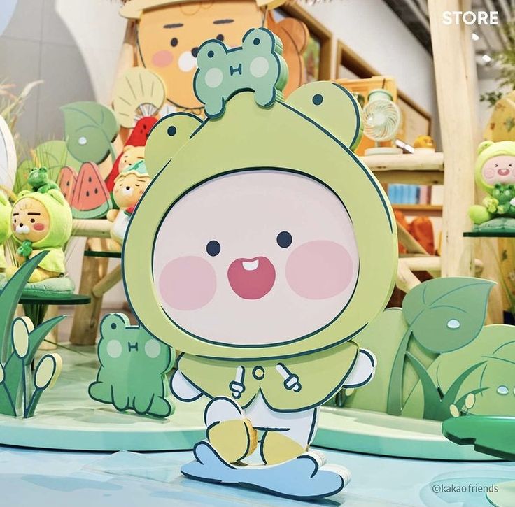 a cartoon character is standing in front of some green plants and other items on display