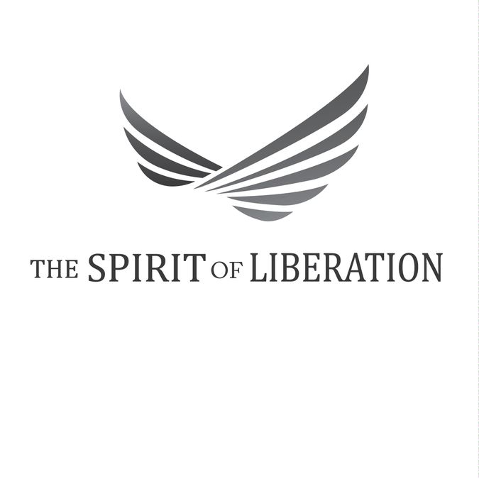 the spirit of liberation logo on a white background with black and grey wings