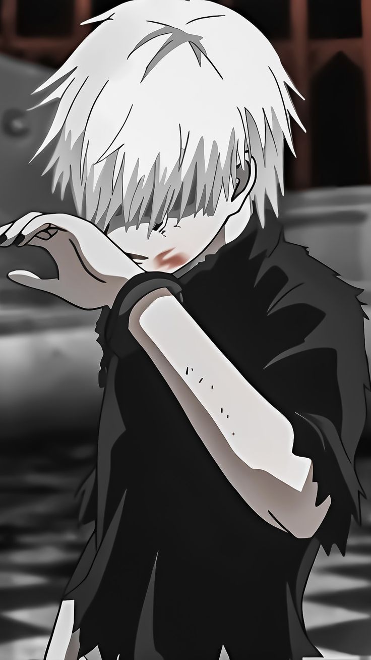 an anime character with white hair and black shirt holding his hand out to the side