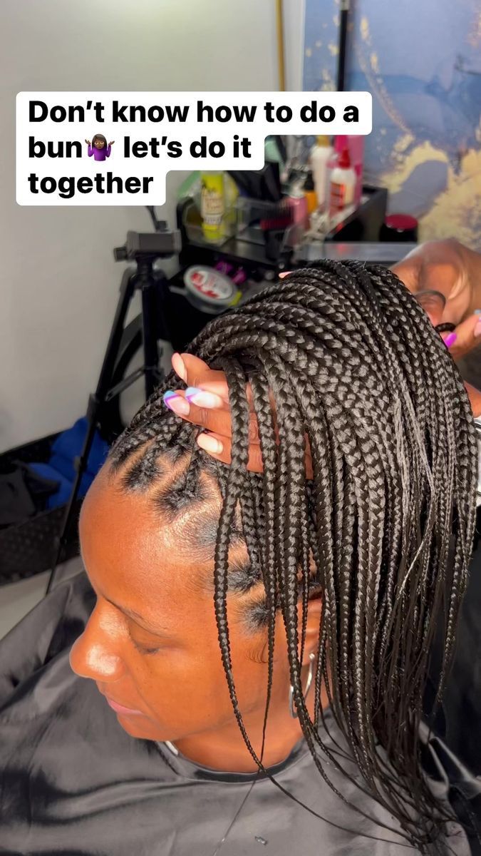 If you don’t know how to do a bun. Watch this👀. #bun #buntutorial #atlanta #atl #atlantahairstylist #knotlessbraids #knotless #gwinnett | Bella’s Braid Chateau Knotless Braids High Bun, How To Put Braids In A Ponytail, How To Make A Bun With Knotless Braids, How To Put Your Knotless Braids In A Bun, How To Do A Bun With Knotless Braids, Knotless Braid Bun Styles, How To Put Knotless Braids In A Bun, How To Put Box Braids In A Bun, Messy Bun Knotless Box Braids Tutorial