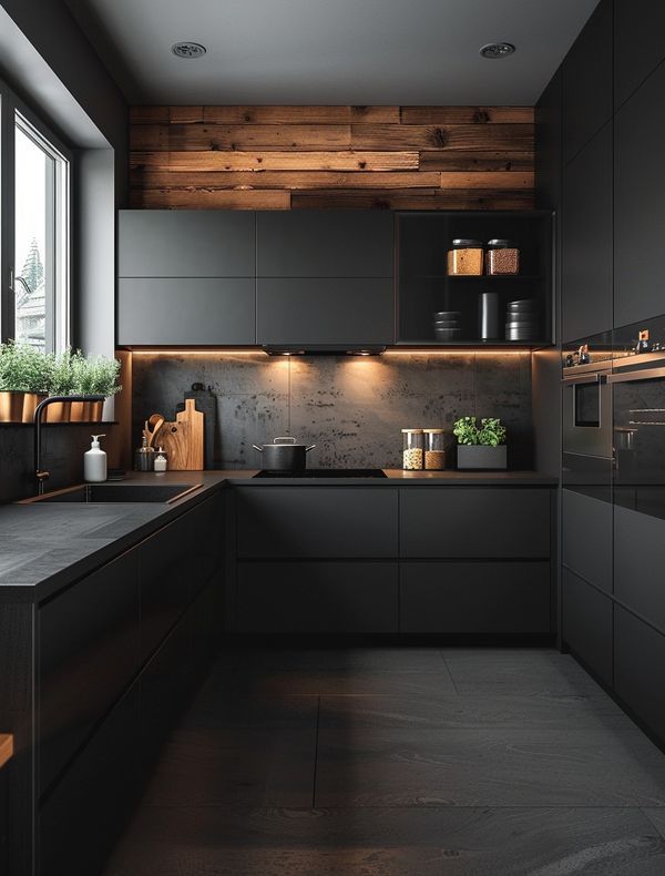 a kitchen with black cabinets and wooden walls, along with potted plants on the counter