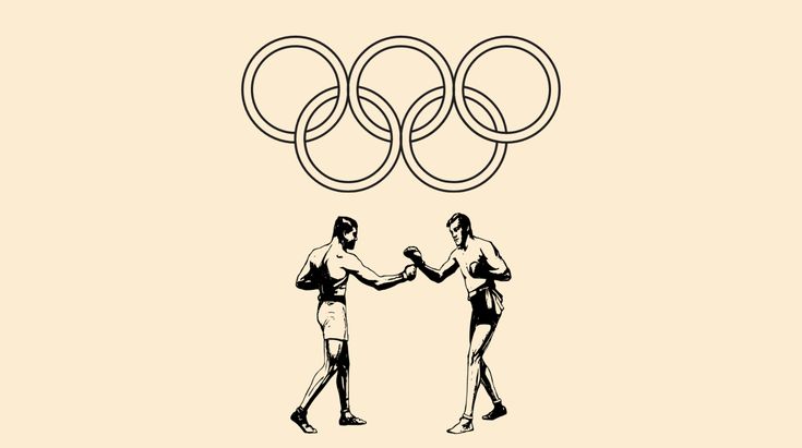 two people are shaking hands in front of the olympic rings on a beige background with black ink