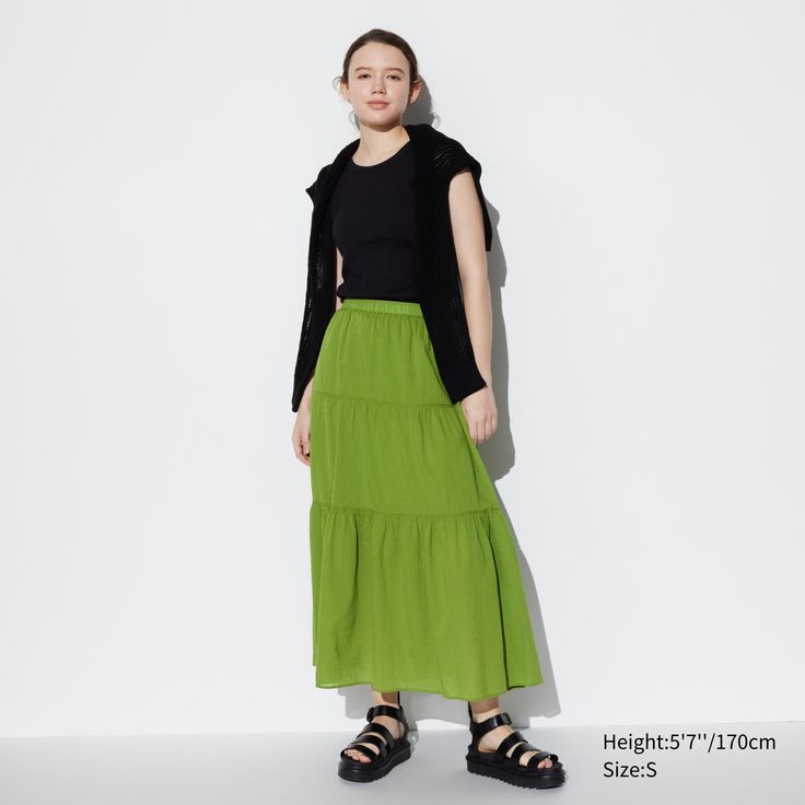 Crinkle Cotton Tiered Skirt | UNIQLO US Cotton Skirt Outfit, Uv Protection Clothing, Long Midi Skirt, Green Maxi Skirt, Crinkle Cotton, Jean Michel Basquiat, Roger Federer, Tank Top Camisole, Spring Shirts