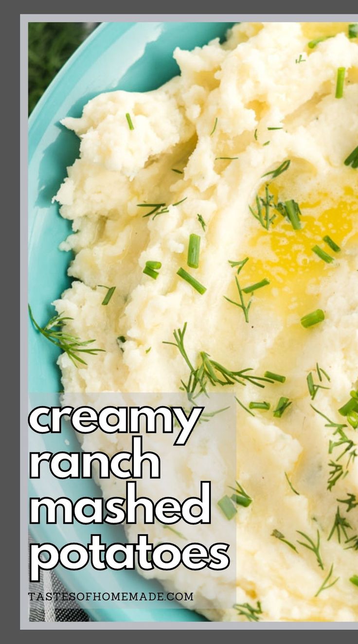 creamy ranch mashed potatoes on a blue plate