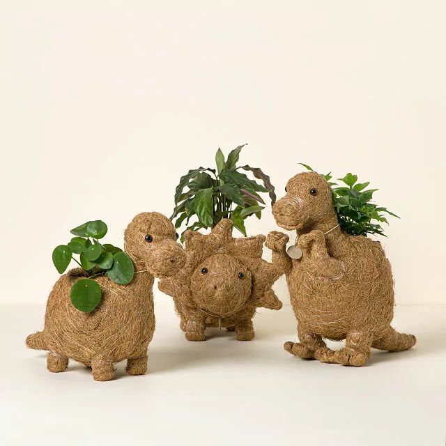 three small stuffed animals with plants in them