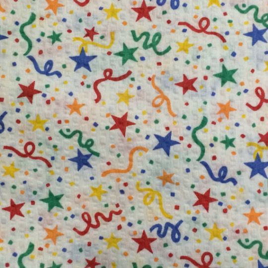 a white background with colorful stars and streamers on the bottom, in different colors