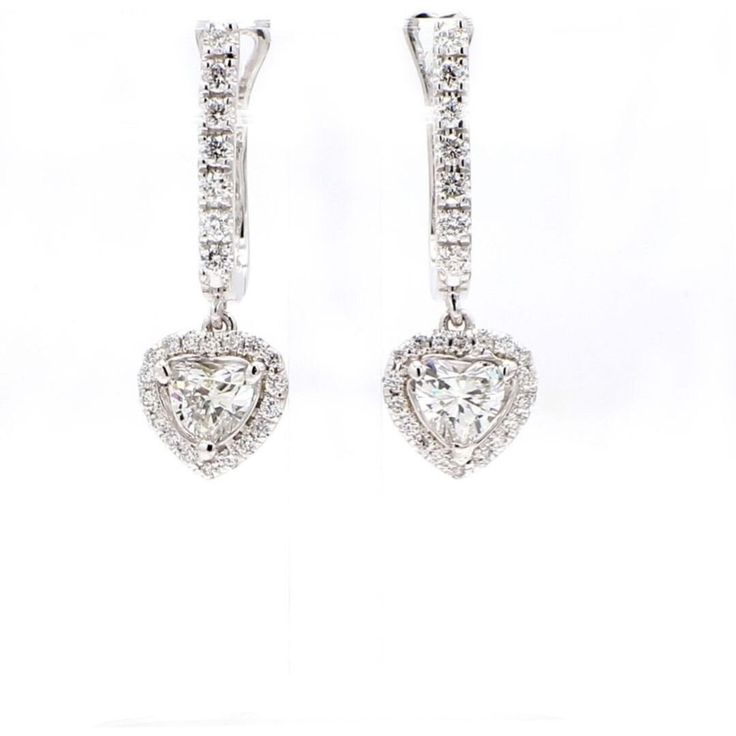 Ninacci 14K White Gold Halo Dangling Earrings with 3-Prong Set Heart Shape Diamonds - 1.22 Carat Total Diamond Weight Elegant Dangle Heart Earrings For Anniversary, Elegant Heart-shaped Earrings With Diamond Accents, Valentine's Day Round Cut Diamond Earrings, Elegant Diamond White Heart Earrings With Prong Setting, Elegant Heart-shaped Brilliant Cut Earrings, Elegant Prong Setting Earrings For Valentine's Day, Diamond Heart Drop Earrings Fine Jewelry, Elegant Formal Heart Earrings With Prong Setting, Valentine's Day Round Cut Diamond Earrings With Prong Setting