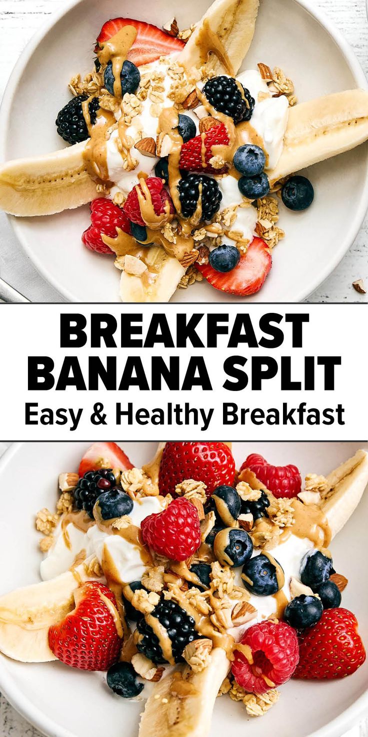 Breakfast banana split recipe Banana Split With Yogurt, Breakfast Date Recipes, Breakfast Yogurt Bar Ideas, Clean Eating Breakfast On The Go, Fruit Based Breakfast, Yogurt With Granola And Fruit, Granola Breakfast Bowl, Banana Split Yogurt, Clean Breakfast Recipes