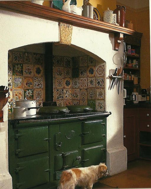 a dog is standing in front of an old fashioned stove with its head on the floor