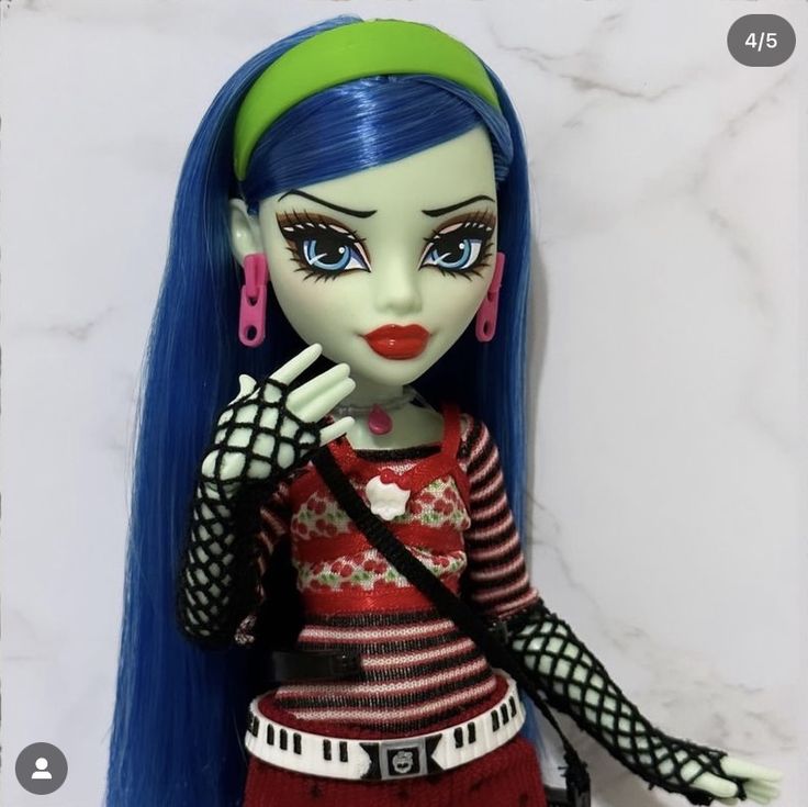 a doll with blue hair and green eyes holding her hand up to her mouth while standing in front of a marble wall