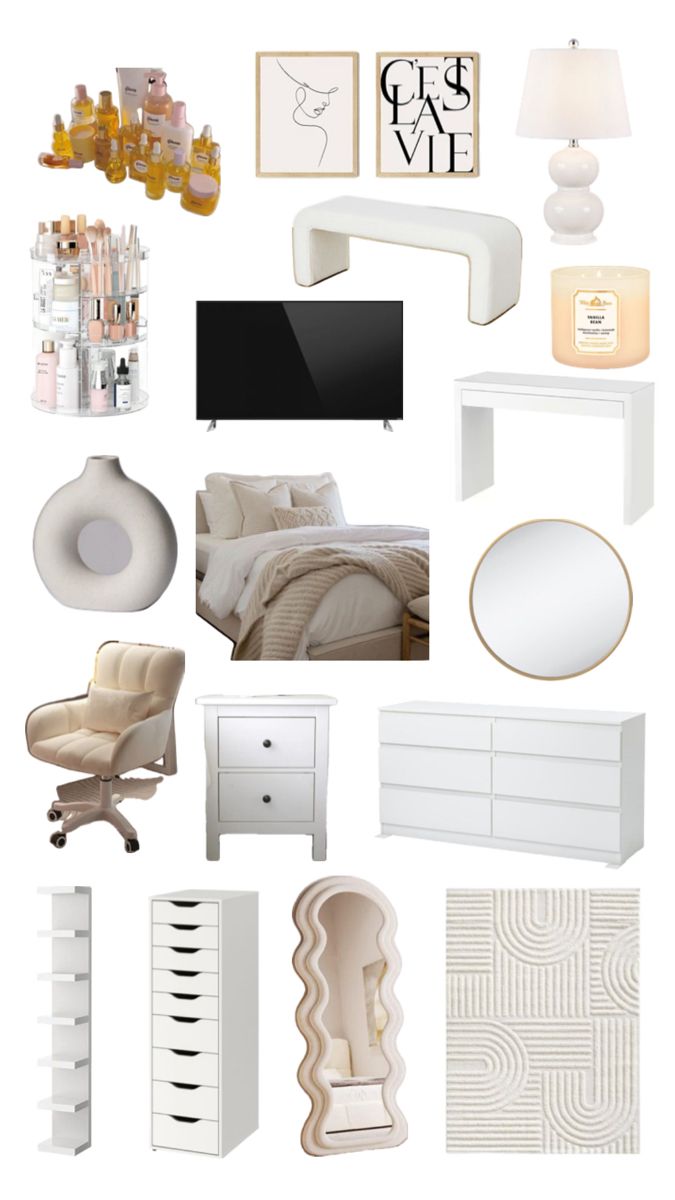 a collage of white furniture and accessories including a bed, dresser, mirror, lamp, desk, chair